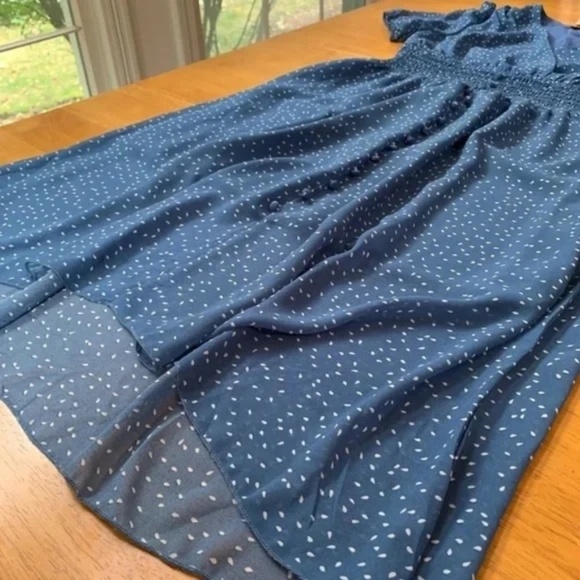 Fashion Blue V Neck Midi Sheer Lined Dress Elastic Waist Boho Chic, Size S - Picture 4 of 11